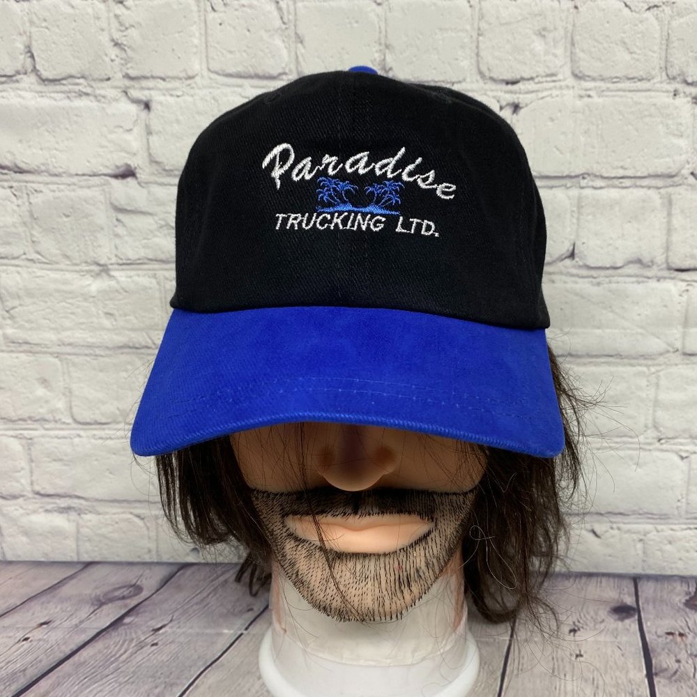 Vintage Hat Cap Strap Back Black Blue Paradise Trucking Embroidered Logo Truck